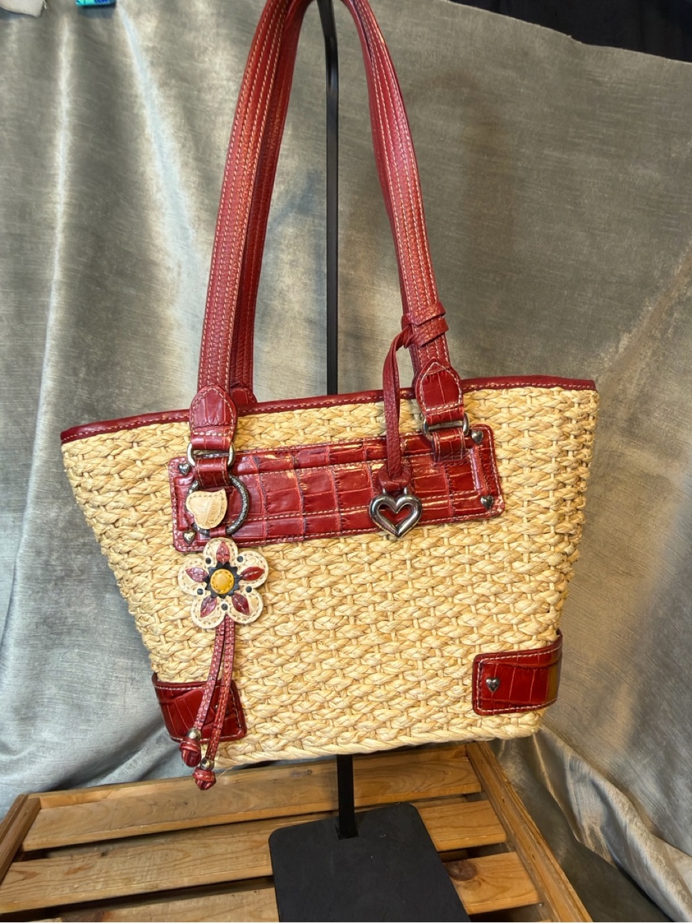 BRIGHTON Straw Cody Handbag W/Leather & Charms. #10037